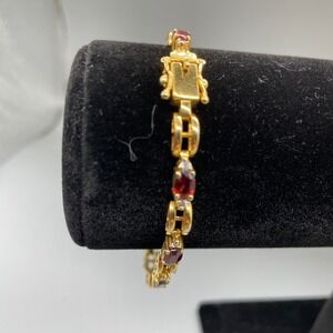 925 Sterling Silver Gold Vermeil Faux Red Garnet Oval Link Bracelet 7.25 Inch